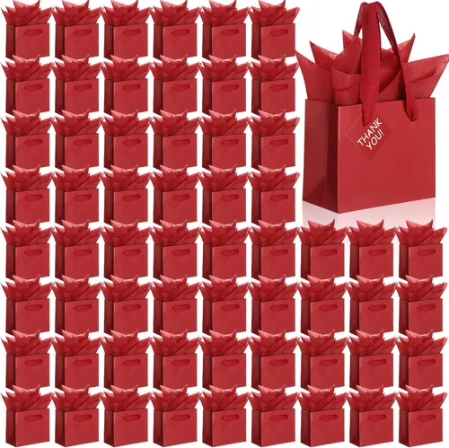 Miniatura 18 de Qilery 50 bolsas de regalo de papel de boda a granel con papel de seda, pequeñas bolsas de regalo con asa y etiquetas para cumpleaños, bodas