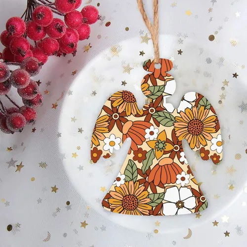 Miniatura 3 de 70s Retro Floral Flower Wooden Christmas Ornaments with Twines Holiday Hanging Decorations Angel Shapes Wood Slice Ornaments for Christmas Tree