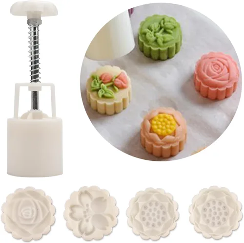 Miniatura 5 de Molde de prensa de pastel de luna de flores chinas rosadas, postre de pastel de luna prensado a mano, hojaldre de pastel de luna, 1 molde con 4