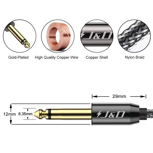 Miniatura 2 de J&D Cable de instrumento de guitarra de 0.250 in, carcasa de cobre chapado en oro, resistente 0.250 in 1/4 pulgadas, cable de audio mono TS
