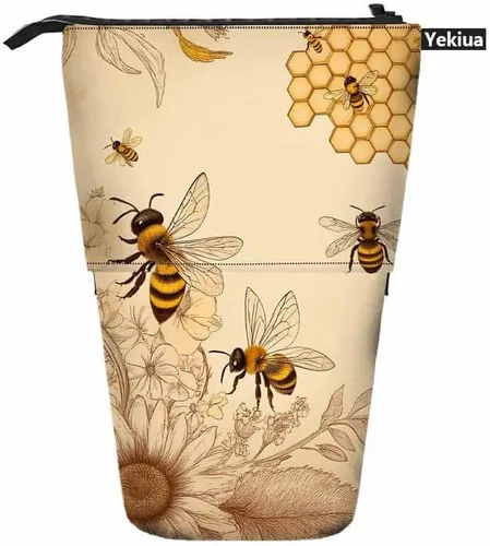 Miniatura 4 de Swono Honey Bees Wildflowers Estuche para lápices Retro Grabado Sombreado Stand Up Estuche Organizador Portalápices Bolsa de Cosméticos para Mujeres