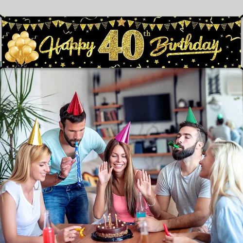 Miniatura 5 de Cartel decorativo de cumpleaños número 40 para hombres y mujeres, suministros de fiesta de letrero negro y dorado de 40 años, decoración de fiesta