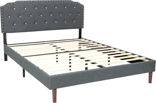 Miniatura 9 de Giantex Base de cama tapizada con cabecera ajustable, base de cama con plataforma suave capitonada de cristal con listones de madera, base