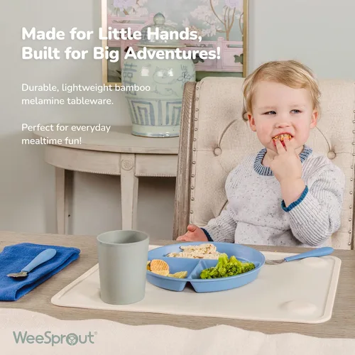 Miniatura 2 de WeeSprout platos divididos de bambú y melamina para niños - Juego de 4 vajillas para niños pequeños, grado alimenticio, seguro para niños con diseño