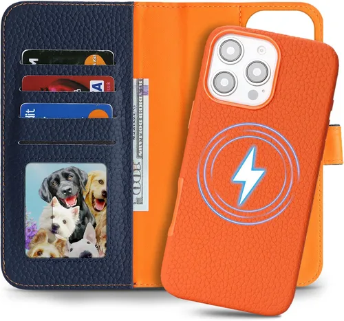 Miniatura 17 de Funda desmontable de piel auténtica para iPhone 13/14, funda magnética 2 en 1 extraíble, soporte de carga MagSafe, función de soporte para tarjetas