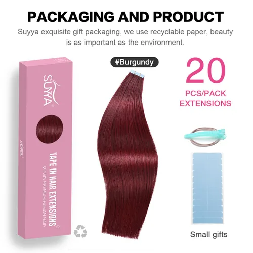 Miniatura 2 de SUYYA - Extensiones de cabello adhesivas de color borgoña; cabello humano 100 % real; extensiones de cabello adhesivas, invisibles, lacias y sin