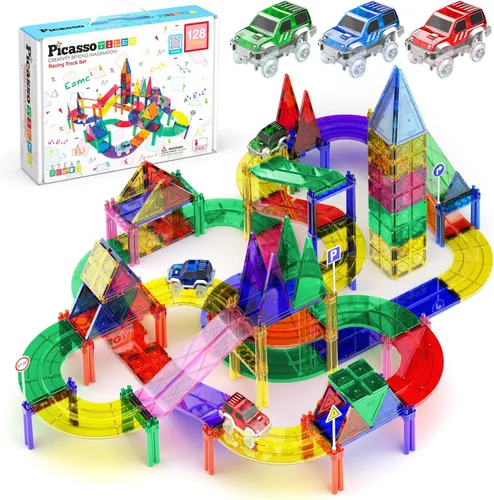 Miniatura 8 de PicassoTiles Juego de construcción de pista de carreras de 100 piezas magnéticas con coches LED, carreteras ajustables y señales, kit de juguete