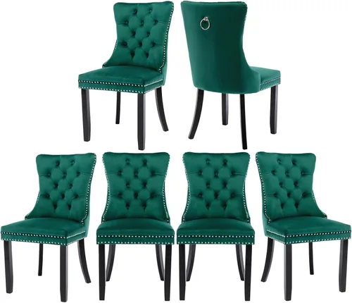 Miniatura 90 de Juego de 2 sillas de comedor de terciopelo, silla de comedor tapizada de alta gama con tirador de anillo en la espalda, adorno de clavos y patas