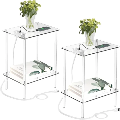 Miniatura 9 de Eglaf Mesa auxiliar de acrílico con estación de carga y puertos USB, mesita de noche pequeña para sala de estar, dormitorio, 15.7 pulgadas de largo