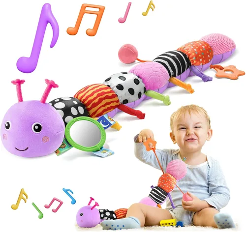 Miniatura 7 de HEMRLY Juguetes de regalo para bebés, juguete sensorial de 0 a 6 meses, oruga musical de peluche suave con dentición, sonajero para tiempo de Rosa