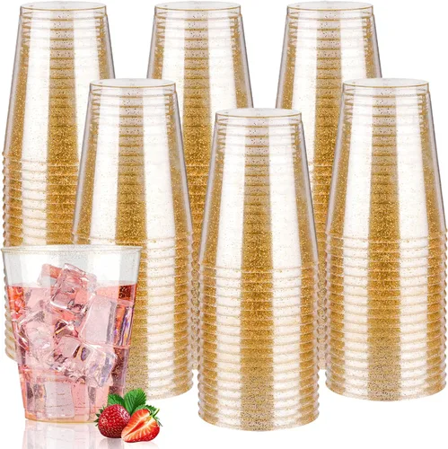 Miniatura 13 de Goodluck 100 vasos de plástico con purpurina dorada de 9 onzas, vasos desechables con purpurina, elegantes vasos de cóctel de plástico, vasos
