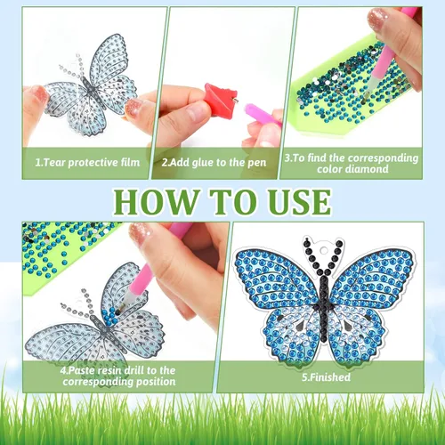 Miniatura 5 de BBTO Kit de 12 llaveros de arte de diamantes de mariposa 5D DIY pintura de diamantes, colgantes de mariposas colgantes para adultos principiantes