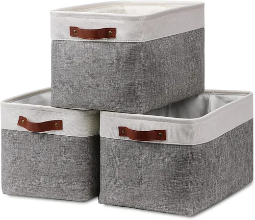 Miniatura 26 de HNZIGE Cestas organizadoras grandes de tela (3 unidades), canastas decorativas plegables con asas de cuero (crema, 15 x 11 x 9.5 pulgadas)