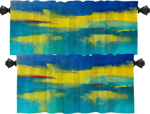 Miniatura 195 de Shrahala Beige and Orange Abstract Art Brushstrokes Blackout Curtain Tiers, Abstract Oil Paint Kitchen Valance Light Blocking Tier Drapes with Rod