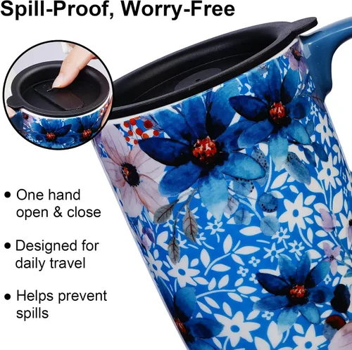 Miniatura 2 de Taza de viaje de cerámica Topadorn con asa y tapa deslizante resistente a salpicaduras, adecuada para café y té, apta para microondas y Azul