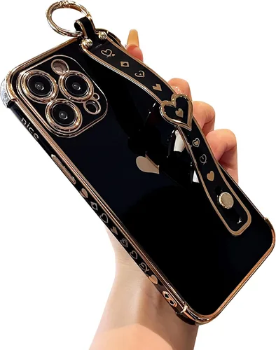Miniatura 11 de DEFBSC Funda compatible con iPhone 15, con borde galvanizado, diseño de corazón con correa para la muñeca, protección completa de la cámara