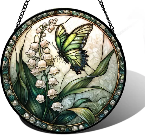 DASTOLL Colgante de vidrio emplomado para ventana, diseño de lirio del valle, mariposa, atrapasol para puertas, hogar, atrapasoles decoración y
