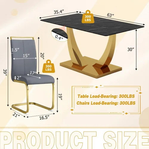 Miniatura 2 de Juego de Mesa de Comedor de Mármol Falso de 63" para 6, Juego de Mesa de Comedor Negro para 6, Juego de Mesa de Cocina Rectangular con Sillas