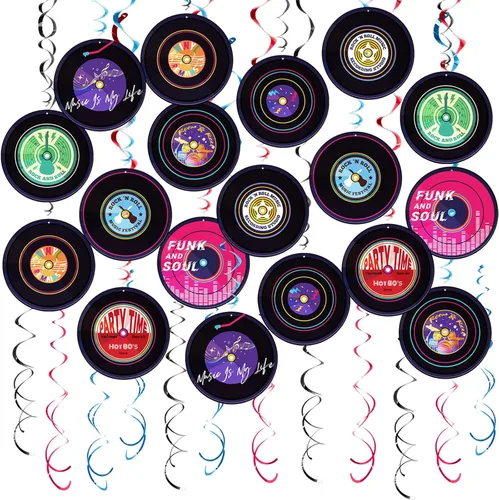 Remolinos colgantes de fiesta de rock and roll, 48 unidades, decoración de fiesta de discoteca temática musical, diseño de disco de vinilo para negro