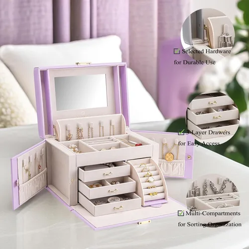 Miniatura 47 de vlando joyero organizador clásico de piel sintética con espejo y con llave