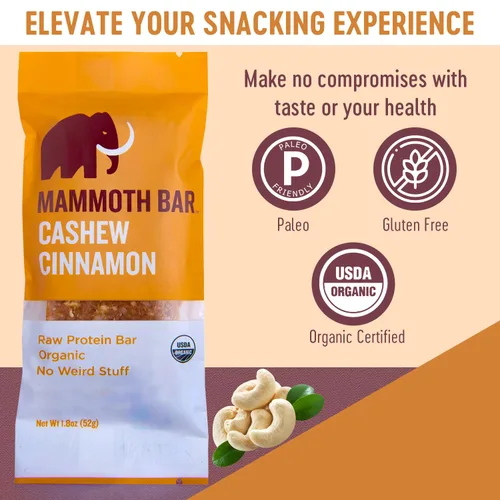 Miniatura 7 de Barra de anacardo y canela, orgánica, paleo, sin gluten y cruda por Mammoth Bar, 0.35-0.47 onzas de proteína, 1.8 onzas (10 barras)