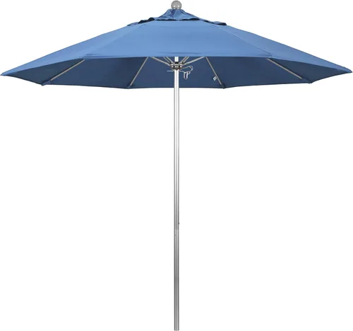 Miniatura 24 de California Umbrella Paraguas redondo de aluminio/fibra de vidrio de 9', empuje abierto, poste de plata, tela azul real de olefina