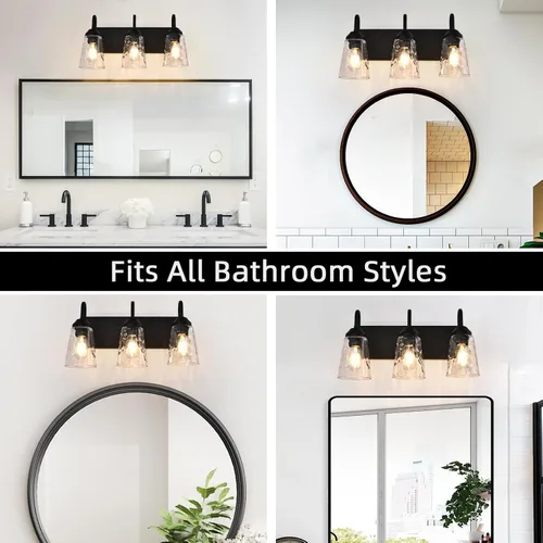 Miniatura 6 de Lámpara de baño de 3 luces, luces costeras con pantalla de cristal de cristal, lámpara de pared negra para espejo de cocina, pasillo, dormitorio