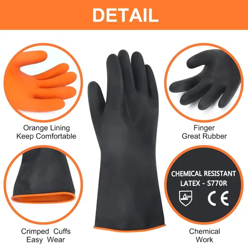 Miniatura 3 de Guantes de Látex XL de 14" Resistentes a Químicos - Guantes de Goma Largos Reutilizables de Trabajo Pesado para Lavar Platos para Hombres