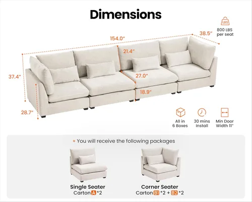 Miniatura 2 de Sofá Modular de Gran Tamaño, Sofá Seccional de Chenilla Nube Extra Profundo con Chaise Otomana, Sofá Esponjoso de Chenilla de 4 Plazas para Sala