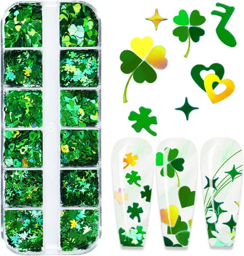 12 rejillas para el Día de San Patricio para uñas con purpurina y lentejuelas holográficas 3D trébol verde trébol para uñas con purpurina de corazón