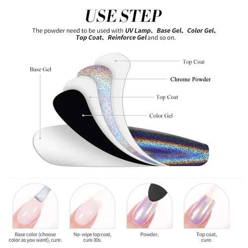Miniatura 8 de Born Pretty Polvo de Uñas Holográfico Fino Efecto Arco Iris Iridescente Multi Cromo para Manicura en Polvo de Pigmento Holográfico para Salón, Arte