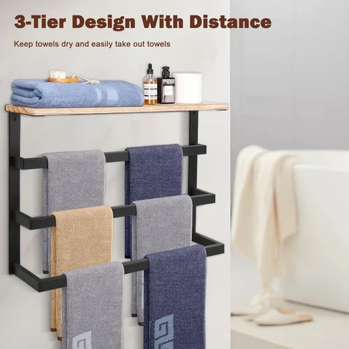 Miniatura 7 de NearMoon Toallero colgante para baño, toallero de metal grueso con estante de madera, almacenamiento de barra de toallas de 3 niveles, colgadores