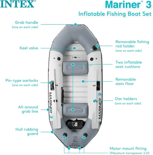 Miniatura 3 de INTEX Mariner Inflatable Boat Series: Includes Deluxe Boat Oars and High-Output Pump – SuperTough PVC – Wear-Resistant Keel – Removable Fishing Rod
