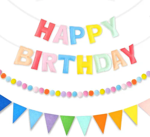 Miniatura 10 de CANREVEL Pancarta de Feliz Cumpleaños 3D Pre-enhebrada, 3 PIEZAS Guirnalda de Fieltro Negro Feliz Cumpleaños, Guirnalda de Pompones, Banderines