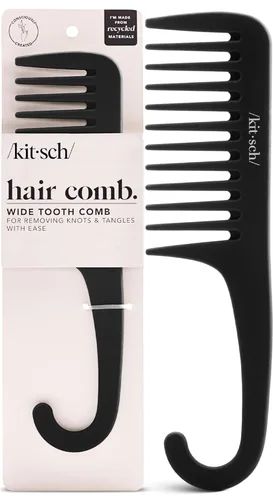 Kitsch Peine de dientes anchos para rizos, herramienta desenredante de mango curvado para cabello rizado, húmedo y grueso, peine de ducha sin
