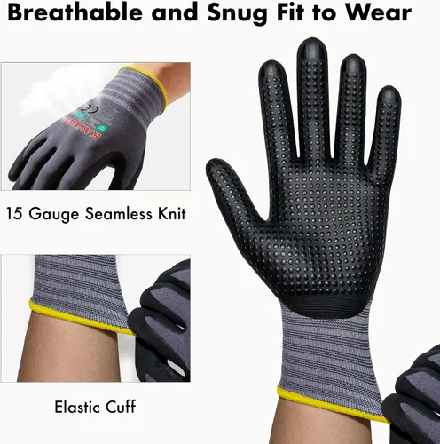 Miniatura 2 de KAYGO MicroFoam - Guantes de trabajo con revestimiento de nitrilo, 12 pares KG19N de nailon de punto sin costuras, micropuntos para un mejor agarre
