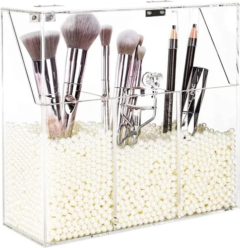 YestBuy Soporte para brochas de maquillaje transparente, organizador de brochas de maquillaje acrílico para tocador, caja de almacenamiento de