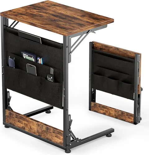 Miniatura 16 de Mesa auxiliar plegable en forma de C, pequeña mesa auxiliar plegable con bolsa de almacenamiento, bandeja de TV portátil para sofá, cama, color negro