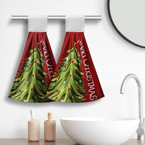 Miniatura 2 de Toallas de cocina colgantes con diseño de árbol de Navidad, color rojo y verde, toalla de mano de Navidad con lazo para colgar, toallas de cocina