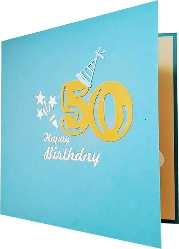 Miniatura 7 de iGifts And Cards Tarjeta de felicitación desplegable 3D con caja de fiesta de cumpleaños número 50 color azul – Cincuenta, impresionante, globos