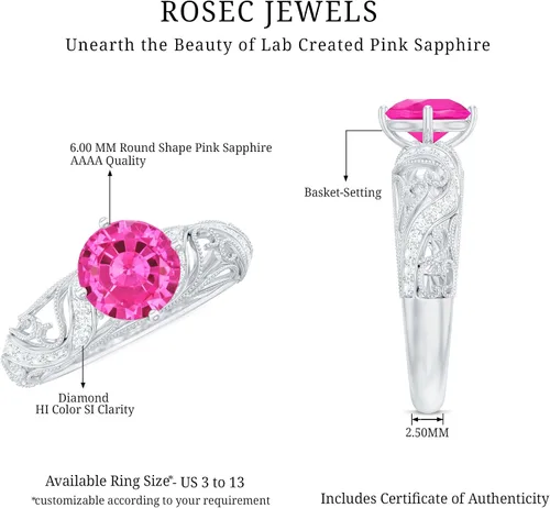Miniatura 6 de Anillo de compromiso redondo de zafiro rosa cultivado en laboratorio certificado con diamante Calidad AAAA Anillo de estilo vintage para mujer