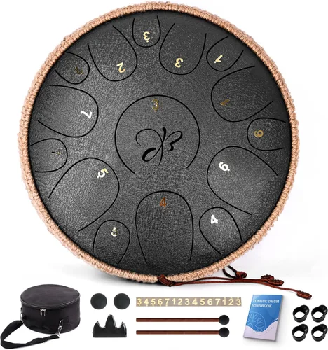 Miniatura 2 de Tambor de Lengua de Acero - 12 Pulgadas 15 Notas, Tambores de Lengua de Acero para Niños y Adultos, Handpan de Acero con Mazos, Hang Drum con Libro