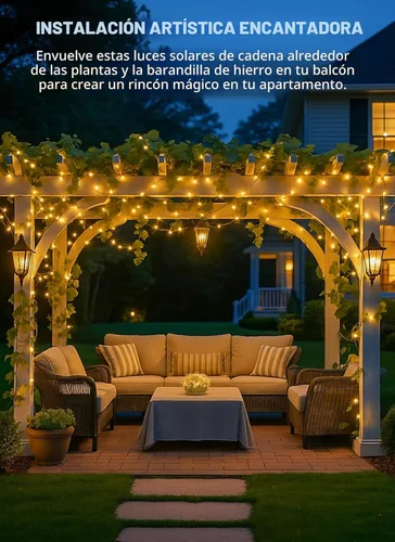 Miniatura 5 de Brightown Guirnalda de luces solares, 2 paquetes de 200 luces LED solares de 66 pies con 8 modos, luces solares impermeables para exteriores, patio