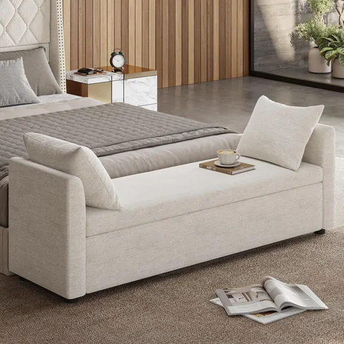 Miniatura 11 de EcoHarbor Otomán de Almacenamiento Moderno para Dormitorio, Banco de Pie de Cama con Cojines Decorativos y Brazos, Taburete Reposapiés para Sala