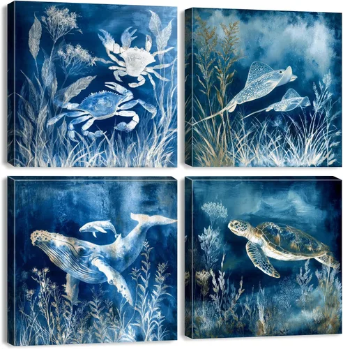 Miniatura 30 de YOOOAHU - 4 unidades de arte de pared de impresión en lienzo con diseño de océano, animales marinos, tortuga marina, caballito de mar, ballena, Verde