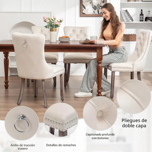 Miniatura 4 de Eifizek Juego de 6 sillas de comedor de terciopelo, sillas de comedor tapizadas con ribete de anillo de clavo, sillas con respaldo de alas copetudas