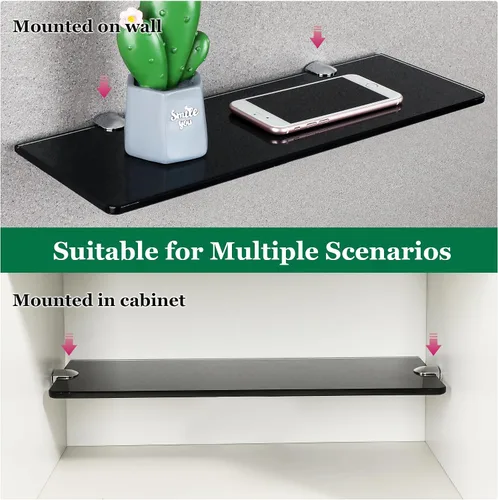 Miniatura 6 de SAYAYO Estantes flotantes de vidrio templado para baño, estante de vidrio templado cromado de 15 x 5 pulgadas para pared, 1 paquete, color negro