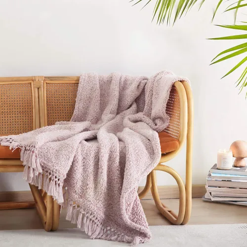 Miniatura 20 de Manta Sherpa de forro polar ultrasuave, tamaño Queen, manta de cama bohemia ligera y acogedora con borla decorativa, patrón reversible, 2 tonos