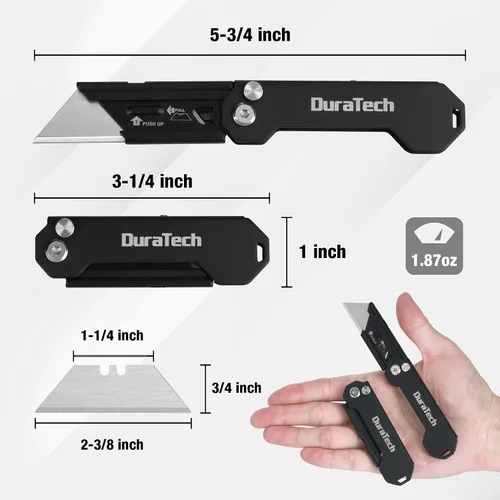 Miniatura 6 de DURATECH Paquete de 2 Cuchillos Utilitarios Plegables, Mini Cortador de Cajas con Bloqueo de Eje de Seguridad, Clip para Cinturón, Mecanismo