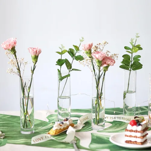 Miniatura 6 de Jarrones cilíndricos de vidrio para centros de mesa, juego de 12 jarrones pequeños transparentes, jarrones de flores delgados hechos a mano